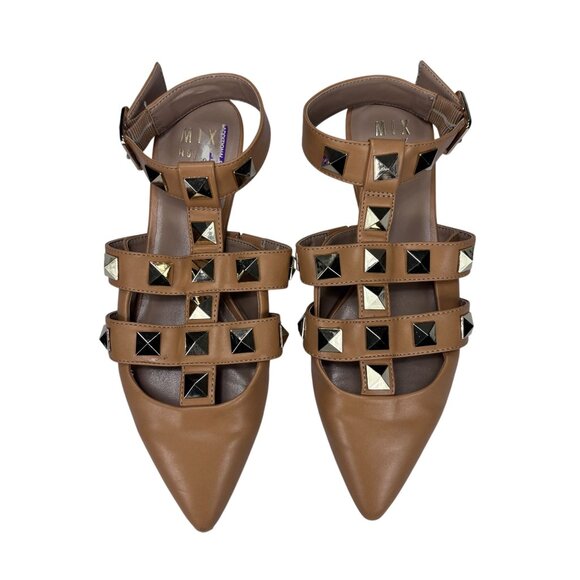 Tan Studded Pointed-Toe Ankle Strap Flats By MIX No.6 Size 7.5 Faux Leather Wome - Picture 6 of 7